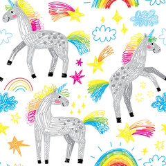 cute hand drawn kids doodle unicorns seamless pattern  © artnLera