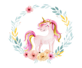 Isolated cute watercolor unicorn and flowers clipart. Nursery unicorns illustration. Princess unicorns poster. Trendy pink cartoon horse.