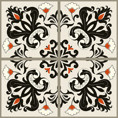 Black, red and beige Azulejo tile. Portuguese and Spain decor. Islam, Arabic, Indian, Ottoman motif. Vector Hand drawn pattern. Seamless patchwork	
