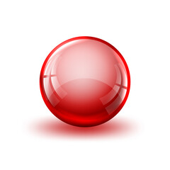 Red glossy ball with shadow. Glass ball isolated.