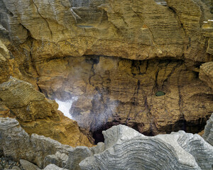 Blowhole The Pancake Rocks at Punakaiki, Greymouth, West Coast, South Island, New Zealand.
