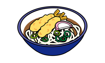 丼に盛り付けられた温かい海老の天ぷらうどん