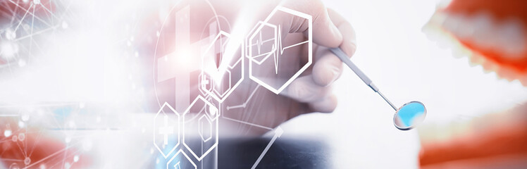 Dentist's office. Dentist examines the oral cavity before treatment. The doctor shows a course of treatment. Caries jaw treatment. Implantation and installation of veneers.