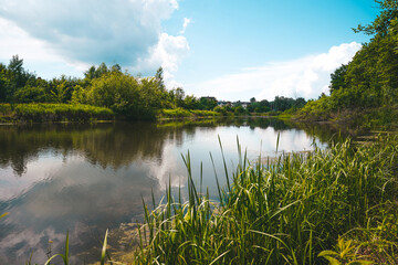 Panorama with a view of a natural Park with a lake, peace and tranquility