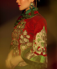 Asian girl in red Tang suit in dark background