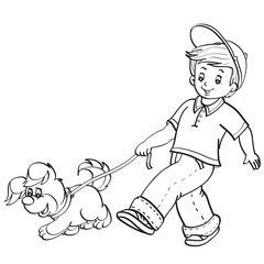 boy in a cap leads his dog on a leash, walk, coloring, isolated object on a white background, vector illustration,