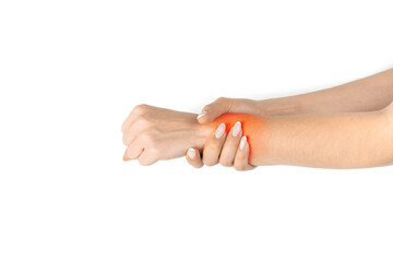 Carpal tunnel. Hand pain in woman injury wrist. Arthritis office syndrome is consequence of computer. Health care isolated on white background.