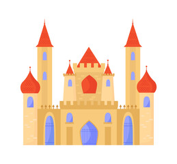 Fototapeta premium Oriental castle arabic baroque style. Elegant palace white brick temple minarets on sides red tiled domes graceful central doors openwork bars elongated windows blue. Eastern cartoon vector style.