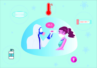 Welcome back fitness gym banner,Open a Gym, Sport girl with face mask checking temperature  showing the safety fitness gym solution from covid-19 pandemic. new normal after coronavirus pandemic