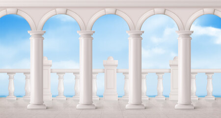 White marble balustrade, arches and columns on balcony or terrace with overlooking to sea. Vector realistic landscape with baroque railing, classic roman pillars, ocean and sky