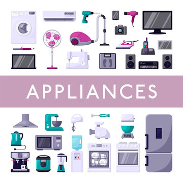 Home appliances set. Modern refrigerator washing machine plasma TV stereo system laptop electric oven coffee machine blender red vacuum cleaner stylish microwave hairdryer. Technical cartoon vector.