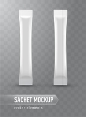 Realistic mock up of stick sachets. Front and back view. Blank packaging for cosmetic or food product. Template for your design, ready to use. Vector illustration isolated on transparent background.