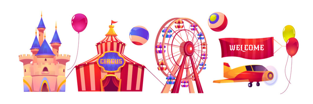 Carnival funfair with circus tent, ferris wheel and magic castle. Vector cartoon set of attractions in amusement park with airplane, welcome banner and balloons isolated on white background