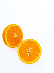 Juicy bright sweet orange on a white background close-up. Place for the buyer's text.
