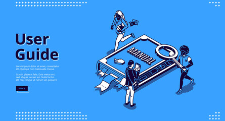 User guide isometric landing page, tiny people around of huge manual book, woman carry documents, man use gadget. Instruction booklet, tutorial help, guidance information 3d vector line art web banner