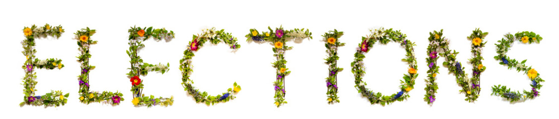 Flower, Branches And Blossom Letter Building English Word Elections. White Isolated Background