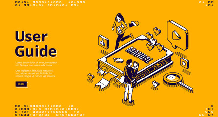 User guide isometric landing page, tiny people around of huge manual book, woman carry documents, man use gadget. Instruction booklet, tutorial help, guidance information 3d vector line art web banner