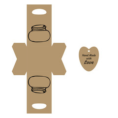 Simple Packaging Box Die Cut Cube Template with jar and tag with text “Thank You Hand Made with Love” on white background - Vector Draw Graphic Design.