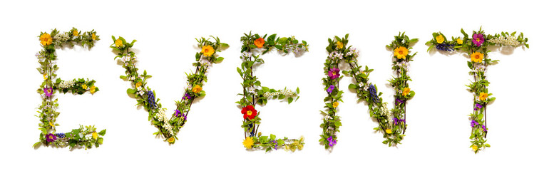 Flower, Branches And Blossom Letter Building English Word Event. White Isolated Background