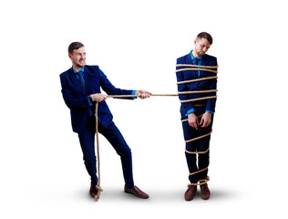 Angry businessman pulls tied himself with a rope.