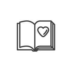 Novel book line icon. linear style sign for mobile concept and web design. Open book page with love heart outline vector icon. Symbol, logo illustration. Vector graphics