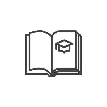 Academic book line icon. linear style sign for mobile concept and web design. Open book page with graduation hat outline vector icon. Education symbol, logo illustration. Vector graphics