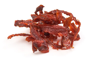 Jerked salmon fillet, dried fish meat, isolated on white background