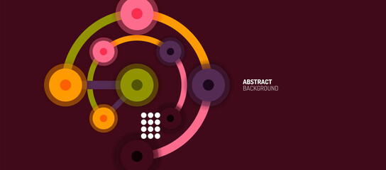 Flat style geometric abstract background, round dots or circle connections on color background. Technology network concept.