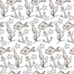 Fototapeta premium Fish and anchor, seastar and seaweed aquarium seamless pattern