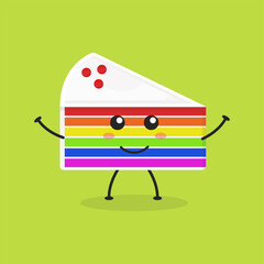 Cute Flat Cartoon Sliced Rainbow Cake Illustration. Vector illustration of cute sliced cake with a smiling expression. Cute rainbow cake mascot design