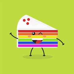Cute Flat Cartoon Sliced Rainbow Cake Illustration. Vector illustration of cute sliced cake with a smiling expression. Cute rainbow cake mascot design