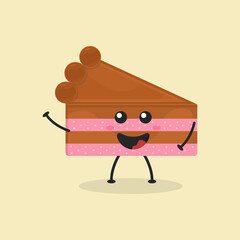 Fototapeta premium Cute Flat Cartoon Sliced Cake Illustration. Vector illustration of cute sliced cake with a smiling expression. Cute cake mascot design