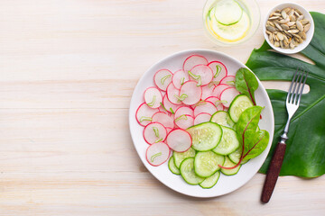 Light salad of radish with cucumber and detox water with cucumbers and lemon on the background of a large leaf of monstera. Healthy diet, keto diet. Top view