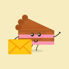Cute Flat Cartoon Sliced Cake Holding Envelope Illustration. Vector illustration of cute sliced cake with a smiling expression. Cute cake with an envelope mascot design