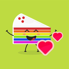 Cute Flat Cartoon Sliced Rainbow Cake Illustration. Vector illustration of cute sliced cake with a smiling expression. Cute rainbow cake mascot design
