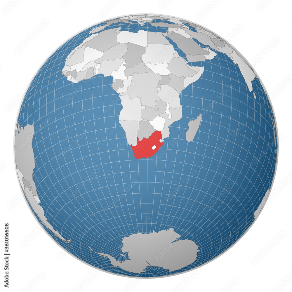 Wall mural Globe centered to South Africa. Country highlighted with green color on world map. Satellite world projection. Modern vector illustration.