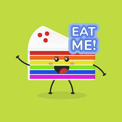 Cute Flat Cartoon Sliced Rainbow Cake Illustration. Vector illustration of cute sliced cake with a smiling expression. Cute rainbow cake mascot design