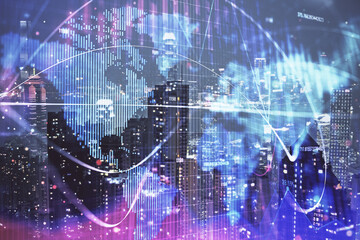 Double exposure of business theme hologram drawing and city veiw background. Concept of success.