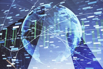 Double exposure of business theme hologram drawing and city veiw background. Concept of success.