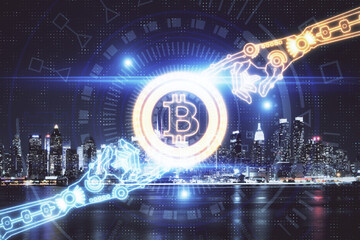 Obraz premium Multi exposure of cryptocurrency theme hologram drawing and city veiw background. Concept of blockchain and bitcoin.