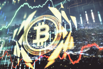 Multi exposure of cryptocurrency theme hologram drawing and city veiw background. Concept of...