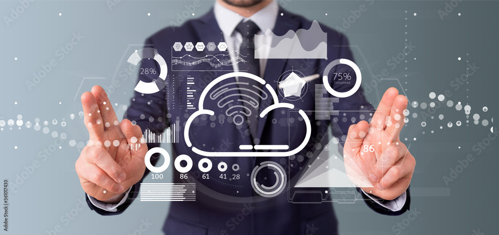 Aufkleber businessman holding cloud and wifi concept with icon, stats and data 3d rendering