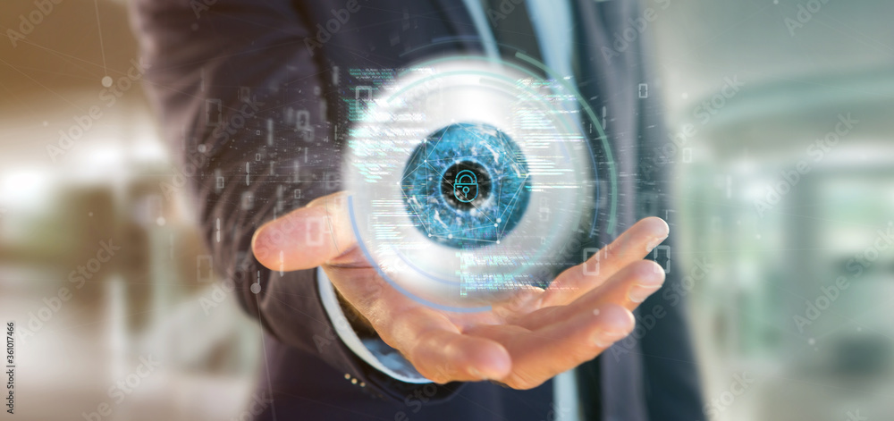 Poster businessman holding a visual recognition eye concept with data - 3d rendering
