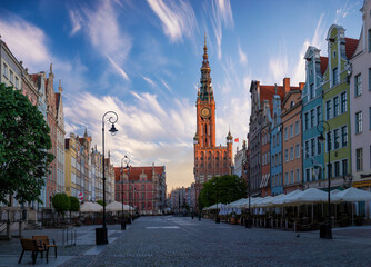 View of square and street named Long Lane  with historic Gdansk Main Town Hall . Poland