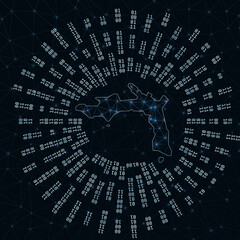 Peter Island digital map. Binary rays radiating around glowing island. Internet connections and data exchange design. Vector illustration.