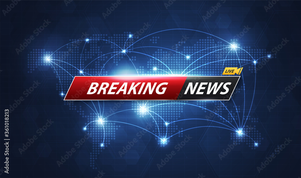 Poster breaking news template title with shadow on world map background for screen tv. vector design.