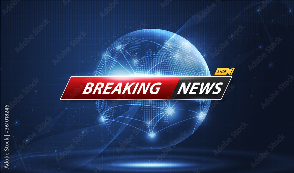 Aufkleber breaking news template title with shadow on world map background for screen tv. vector design.