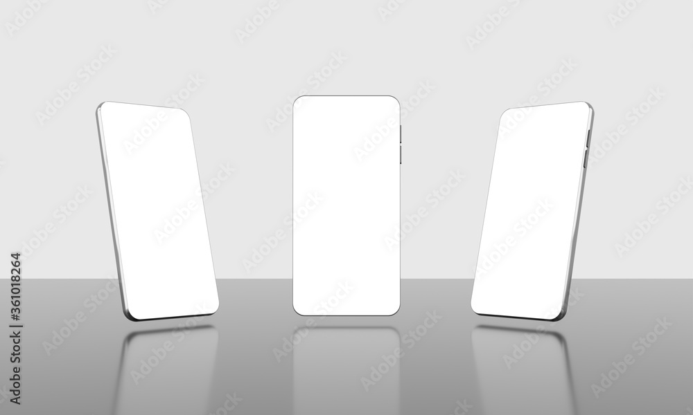 Poster 3d rendering of mock up mobile phone in different angles on reflection background