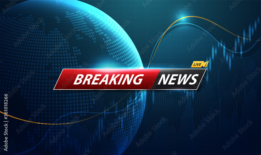Aufkleber breaking news template title with shadow on world map background for screen tv. vector design.