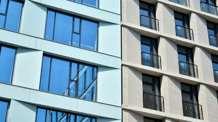 Facade texture of a glass mirrored office building. Fragment of the facade. Modern architecture of the office building.